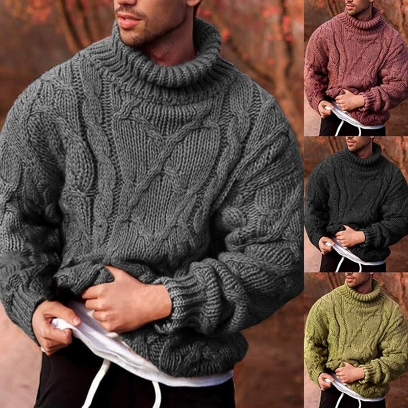 Turtleneck Sweater Men - เสื้อสเวตเตอร์ผู้ชายคอสูงลายดอกบิดเกลียว สไตล์ลำลอง แฟชั่นยุโรปและอเมริกา สำหรับฤดูใบไม้ร่วงและฤดูหนาว