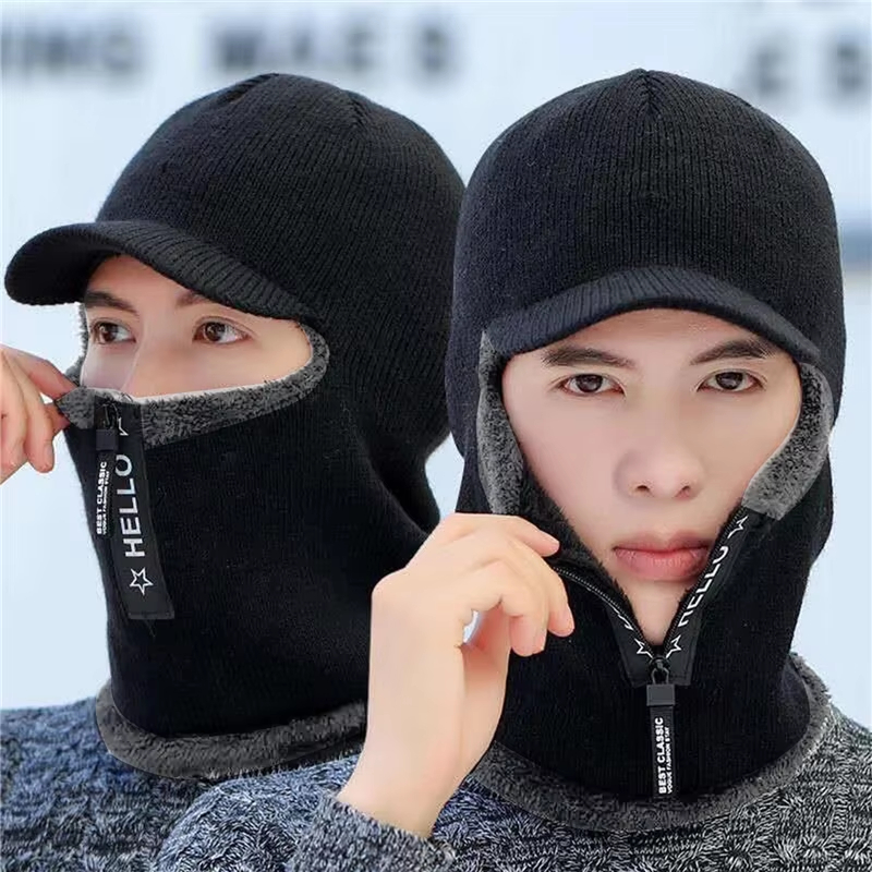 Men Scarf Wool - หมวกไหมพรมกันหนาวสำหรับผู้ชาย หมวกป้องกันหูสำหรับกิจกรรมกลางแจ้ง หมวกถักไหมพรมหนานุ่มสำหรับปั่นจักรยาน พร้อมผ้าพันคอ ป้องกันลม
