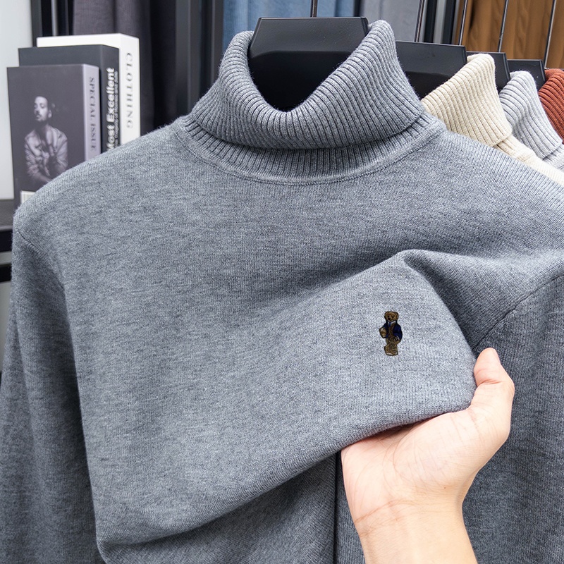 Turtleneck Sweater Men - เสื้อสเวตเตอร์ถักแขนยาวผู้ชายแบรนด์หรู สไตล์ลำลอง ธุรกิจ แฟชั่น ลายปักการ์ตูน คอสูง