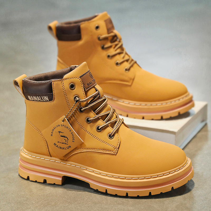 Fashion Men'S Boots - รองเท้าบูทหุ้มข้อผู้ชายแบบคลาสสิก คุณภาพสูง หนังสีเหลือง รองเท้าผ้าใบแฟชั่นสำหรับกิจกรรมกลางแจ้ง รองเท้าผู้ชายแบบผูกเชือก กันลื่น
