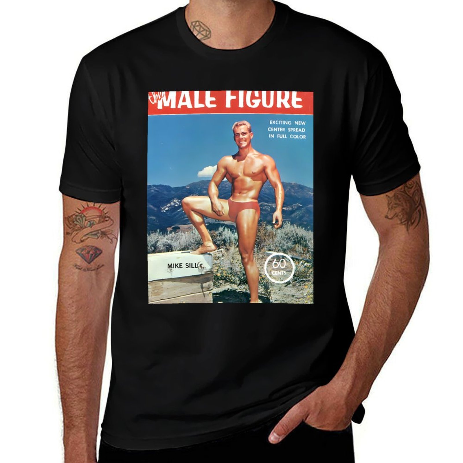 Mens Fashion Magazines - เสื้อยืดลายหน้าปกนิตยสารรูปชายร่างกายกล้ามเนื้อแบบวินเทจ ไมค์ ซิล - แฟชั่นฤดูร้อน เสื้อยืดลำลอง