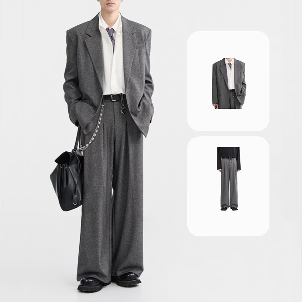 Mens Fashion Dark Grey Pants - แฟชั่นสีเทาเข้มหลวมผู้ชาย 2 ชิ้น Notch Lapel หนึ่งปุ่ม