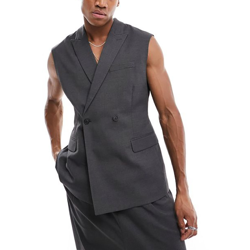 Mens Fashion Dark Grey Pants - ชุดเสื้อกั๊กแฟชั่นฤดูร้อนสำหรับผู้ชาย กางเกงสีเทาเข้ม เสื้อกั๊กแบบกระดุมสองแถว ปกแหลม ชุด 2