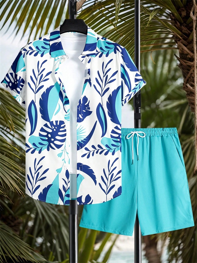 Mens Fashion Style - ชุดเสื้อเชิ้ตแขนสั้นผู้ชาย สไตล์ศิลปะและเรียบง่าย พิมพ์ลายพืช กางเกงขาสั้นสีพื้น ลำลอง ทันสมัย
