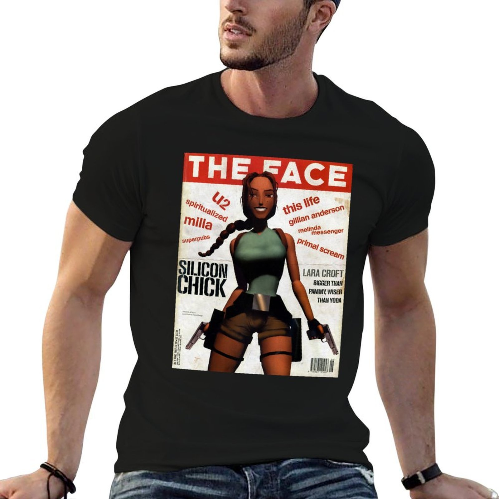 Mens Fashion Magazines - เสื้อยืดพิมพ์ลายนิตยสาร Lara Croft Retro แฟชั่นพิมพ์ลายลำลองแขนสั้น