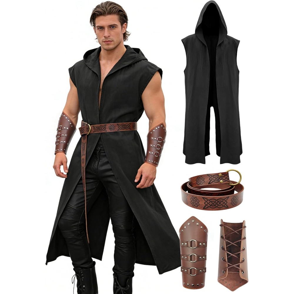 Belt Mens Fashion - ชุดเครื่องแต่งกายยุคเรอเนซองส์สำหรับผู้ชาย – ชุดยุคกลาง/ยุคเรอเนซองส์สำหรับผู้ชาย พร้อมเสื้อคลุมมีฮู้ด เข็มขัดหนัง และปลอกแขน