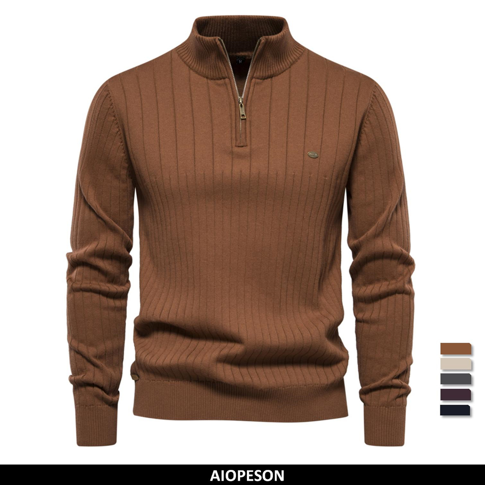 Turtleneck Sweater Men - 2023 ใหม่ฤดูใบไม้ร่วงซิปเสื้อกันหนาวผู้ชายคุณภาพสูงWarmฤดูหนาวStand Collarผ้าฝ้ายถักเสื้อกันหนาวผู้ชาย