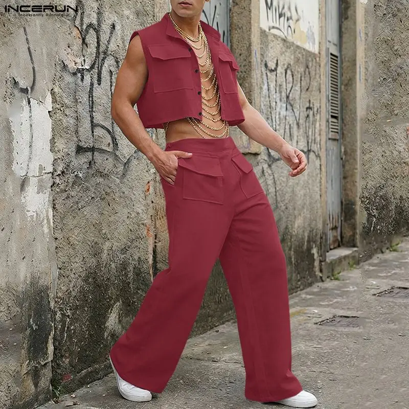 Men'S Fashion For Summer 2026 - INCERUN ชุดเซ็ตผู้ชาย เสื้อครอปแขนกุดสีพื้น กางเกงขายาว ชุด 2