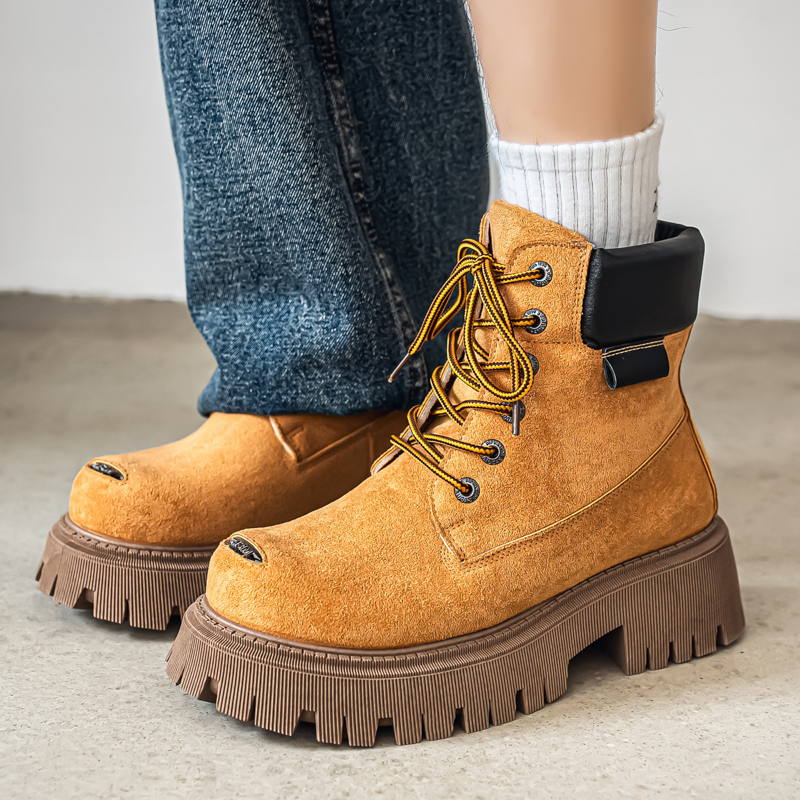 Fashion Men'S Boots - รองเท้าบูทหุ้มข้อสูงแบบคลาสสิก รองเท้าบูทหนังลำลองสำหรับผู้ชาย รองเท้าบูททำงานแบบมีพื้นหนา รองเท้าบูทหัวกว้าง รองเท้าบูทขี่มอเตอร์ไซค์ รองเท้าผ้าใบ
