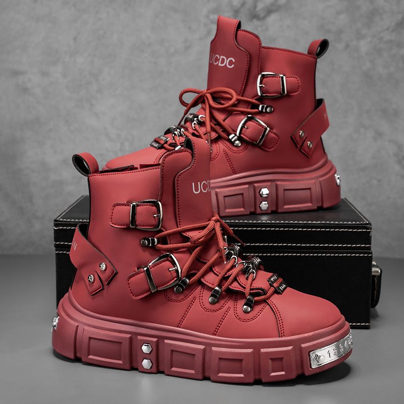 Fashion Men'S Boots - รองเท้าบูทแบรนด์แท้สำหรับผู้ชาย สไตล์พังก์ พื้นหนา สีแดง แฟชั่นหรูหรา รองเท้าผู้ชาย