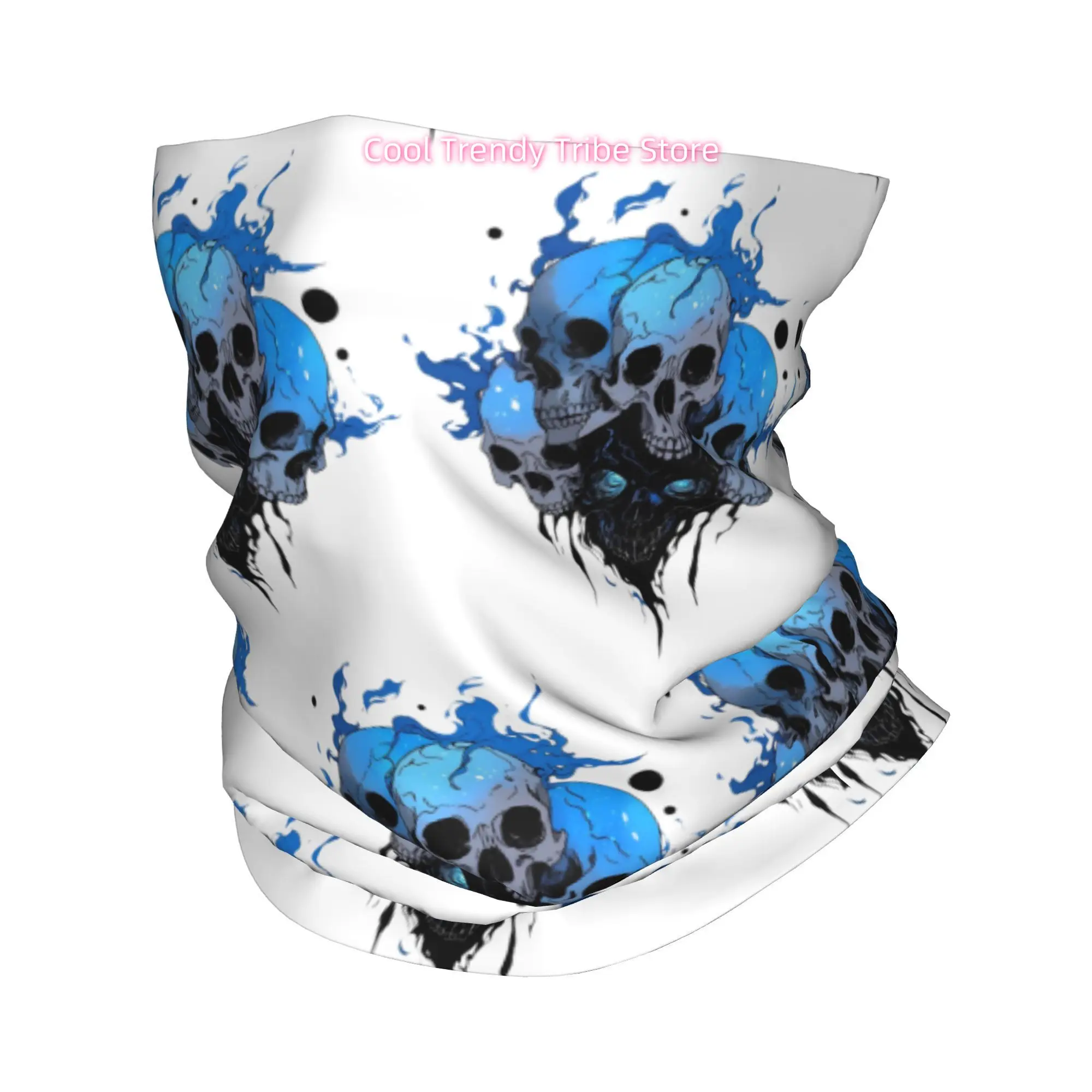 Men'S Fashion Head Scarf - ผ้าพันคอพิมพ์ลายหัวกะโหลกเปลวไฟสีน้ำเงินซ้อนกัน สำหรับผู้ชาย ผ้าคลุมศีรษะแฟชั่นกลางแจ้ง ของขวัญสุดเก๋