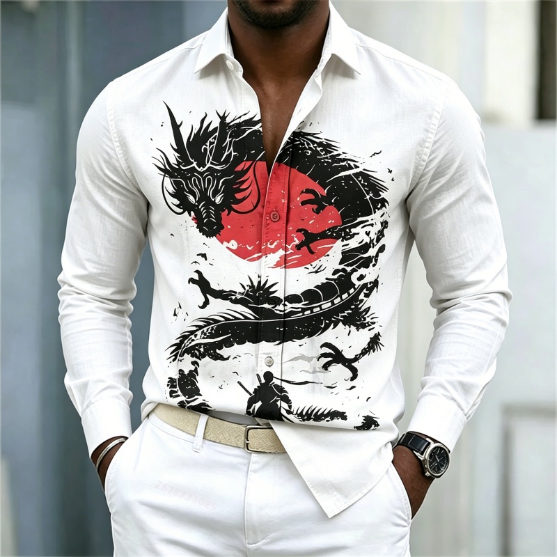 Mens Fashion Style - เสื้อเชิ้ตผู้ชายลายมังกรสีขาวดำแดงตัดกัน รุ่นใหม่ปี 2026 สไตล์สตรีทแฟชั่นลำลองธุรกิจ แขนยาว เสื้อผ้าผู้ชาย