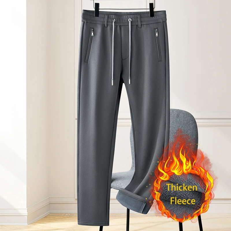 Mens Fashion Dark Grey Pants - กางเกงวอร์มผู้ชาย ผ้าฟลีซ แฟชั่นฤดูใบไม้ร่วง ฤดูหนาว สีเทาเข้ม ทรงตรง
