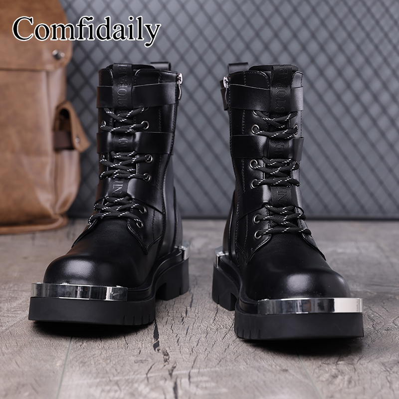 Belt Mens Fashion - รองเท้าบูทหุ้มข้อสูงพื้นหนาขนาดใหญ่ พร้อมหัวเข็มขัดโลหะ ซิปด้านข้าง ดีไซน์เฉพาะตัว คุณภาพสูง แฟชั่นทันสมัย