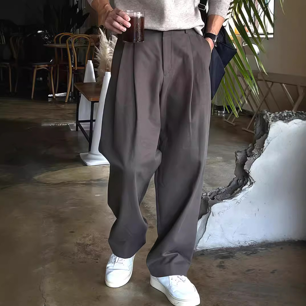 Mens Fashion Dark Grey Pants - กางเกงสูทขายาวทรงตรงสีเทาเข้ม-ดำ สำหรับผู้ชาย สไตล์ลำลอง ธุรกิจ ทันสมัย เรียบง่าย