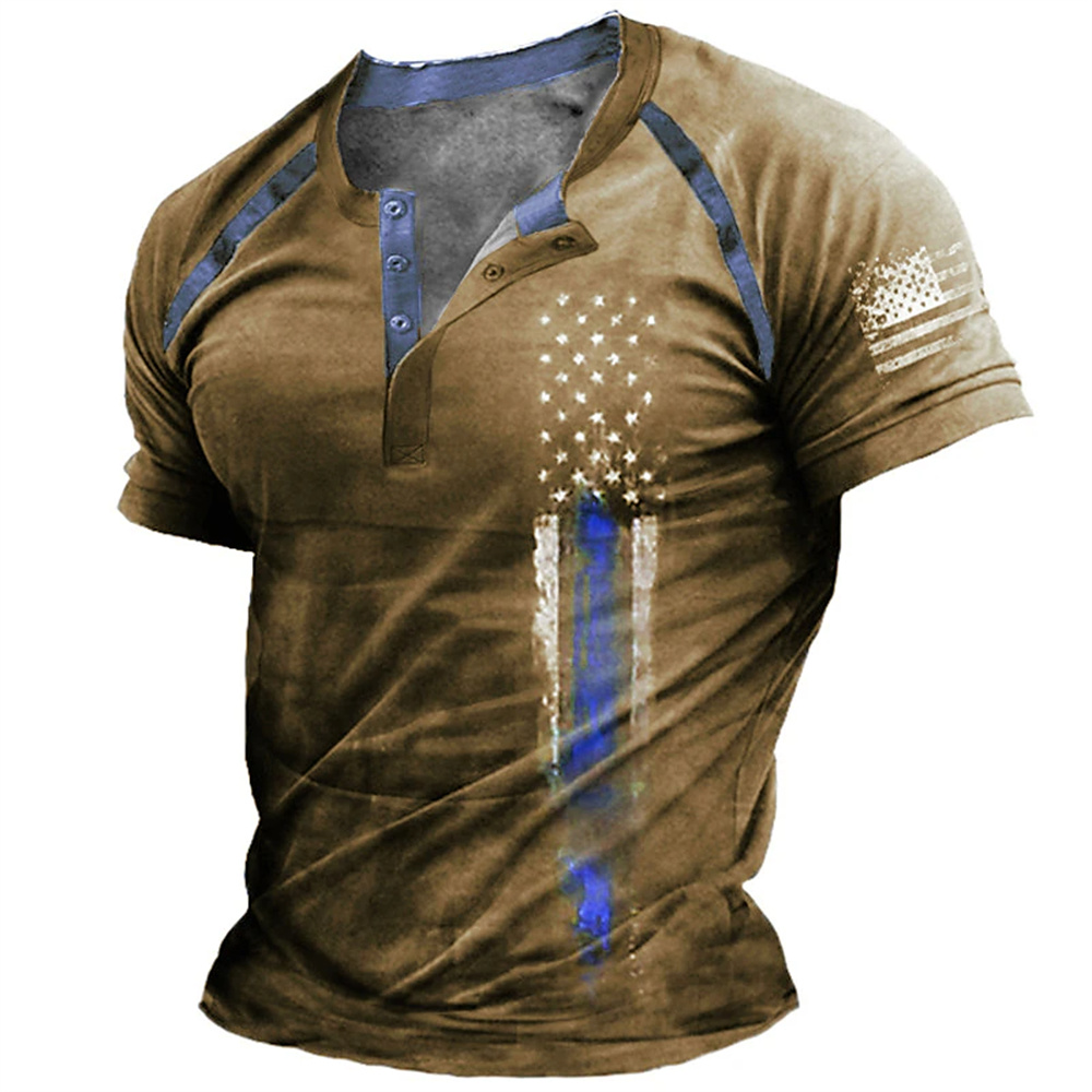 Mens Fashion Ideas - เสื้อเชิ้ตเฮนรี่พิมพ์ลายธงชาติอเมริกัน 3 มิติ สไตล์ตลกๆ สำหรับผู้ชาย แฟชั่นคอเฮนรี่