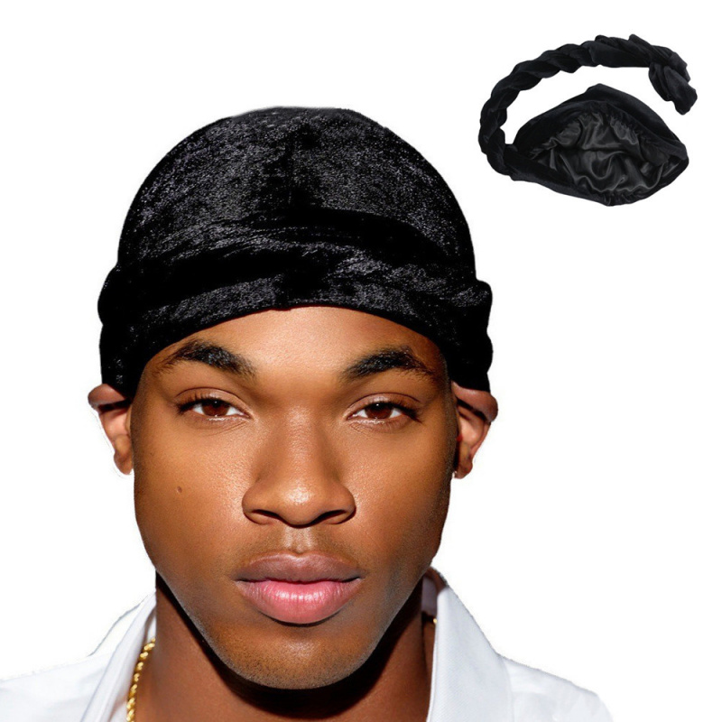 Men'S Fashion Head Scarf - สีทึบผู้ชายกํามะหยี่ผ้าพันคอชาติพันธุ์ถักซาตินสองชั้นภายใน Man Turban หมวกแฟชั่นผ้าไหม Durag