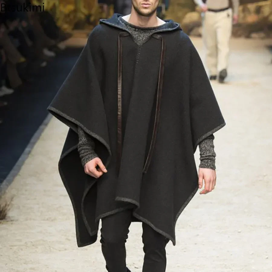 Men Scarf Wool - ใหม่2025ชายฤดูใบไม้ร่วงฤดูหนาวผ้าคลุมไหล่แจ็คเก็ตVINTAGEแห่งชาติรูปแบบพิมพ์ขนสัตว์Poncho Hooded CoatsชายหลวมCape Outwear