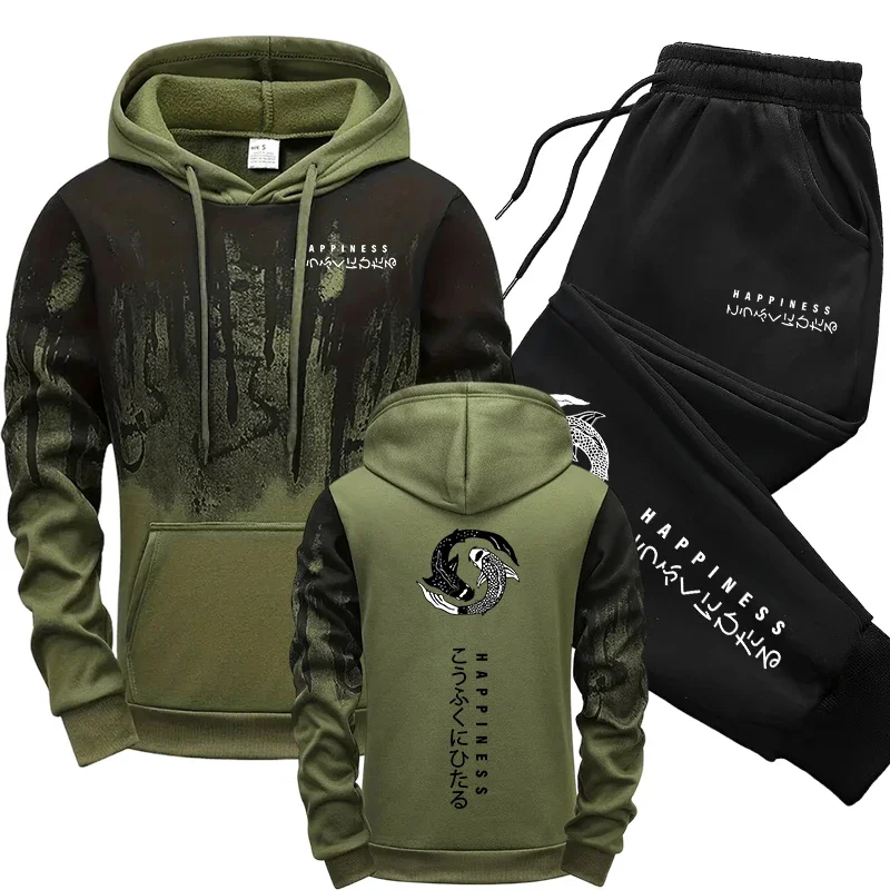 Mens Fashion Style - ชุดเซ็ตเสื้อฮู้ดและกางเกงวอร์มแฟชั่นญี่ปุ่นสำหรับผู้ชาย 2 ชิ้น ชุดลำลองสำหรับฤดูใบไม้ร่วงและฤดูหนาว สไตล์สปอร์ต เหมาะสำหรับวิ่งจ๊อกกิ้งและลุคแฟชั่นในเมือง