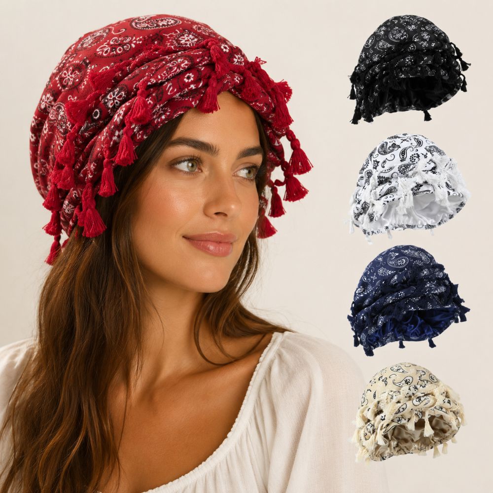 Men'S Fashion Head Scarf - ผ้าโพกศีรษะแบบวินเทจ ผ้าซาตินลายแคชเมียร์ หมวกบีนนี่ ผ้าพันคอแบบ Turban ผ้าพันคอผูกผม