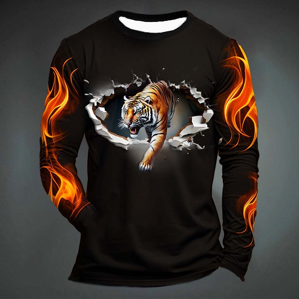 Men'S Fashion T Shirts - เสื้อยืดลายเสือสุดฮาสำหรับผู้ชาย เสื้อยืดแขนยาวคอกลมลำลอง แฟชั่นสวมใส่สบาย เสื้อทรงหลวมสำหรับฤดูใบไม้ร่วง เสื้อผ้าสไตล์ y2k