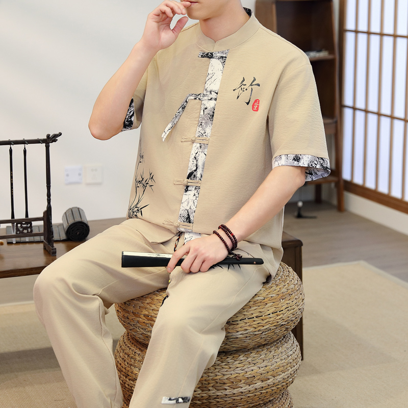 Mens Fashion Style - ชุดลำลองผู้ชายสไตล์จีน ฤดูใบไม้ผลิ 2026 เสื้อ+กางเกง ฤดูร้อน ผ้าฝ้าย