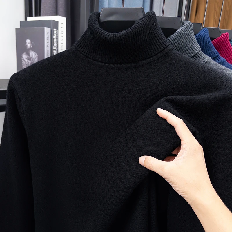 Turtleneck Sweater Men - เสื้อสเวตเตอร์คอเต่าถักคุณภาพสูงสำหรับผู้ชาย ทรงเข้ารูป แขนยาว ป้องกันขนร่วง สีพื้น แฟชั่นสตรีทแวร์สำหรับผู้ชาย