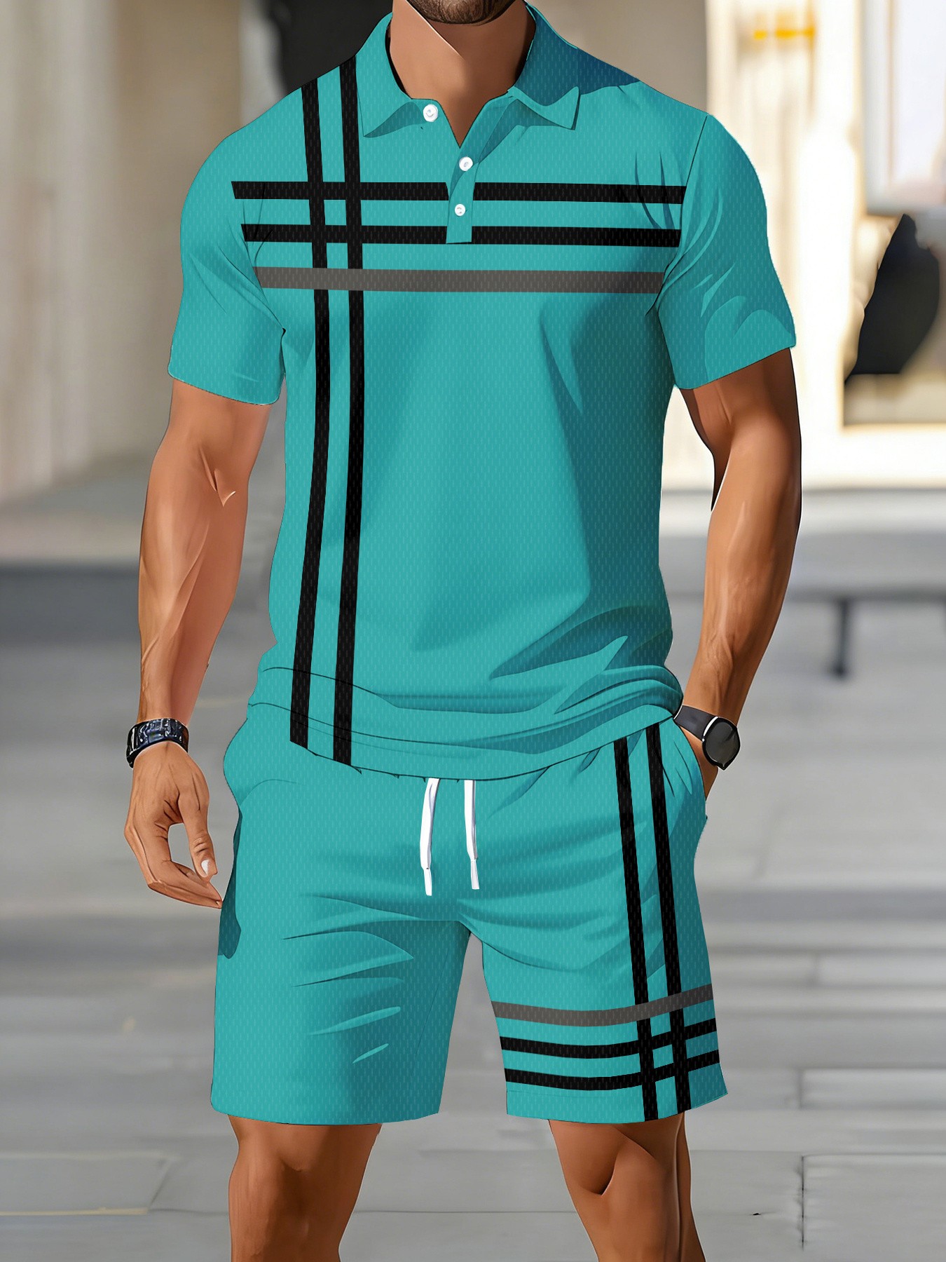 Men'S Fashion Polo - ชุดเสื้อโปโลผู้ชายสไตล์อเมริกันสำหรับฤดูร้อนปี 2026 แฟชั่นลำลองแนวสตรีท เนื้อผ้านุ่มสบาย พิมพ์ลายทาง 3
