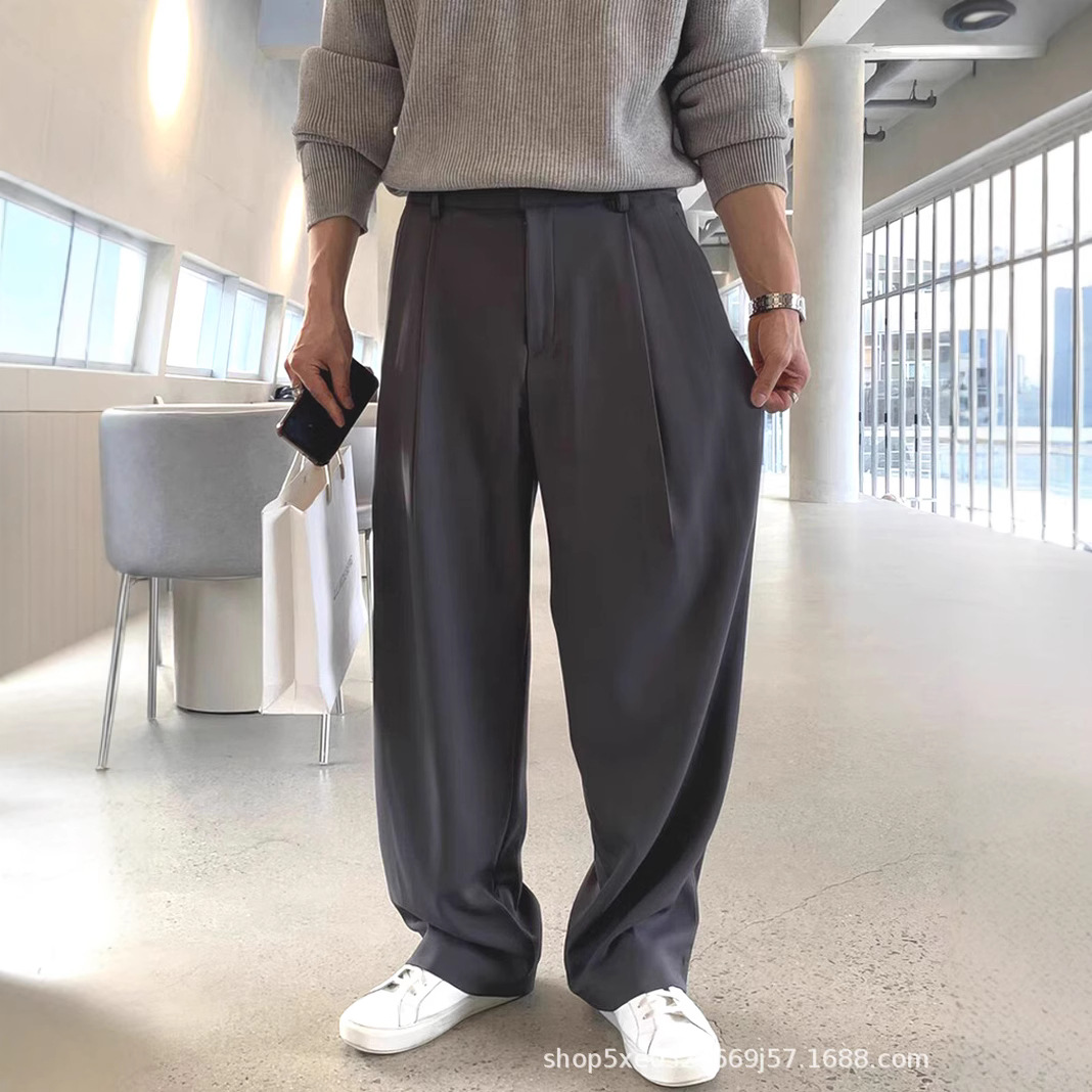 Mens Fashion Dark Grey Pants - กางเกงสูทผู้ชายสไตล์ฝรั่งเศส สีดำ/เทาเข้ม ทรงหลวม จีบตรง ไม่ต้องรีด ใส่สบาย