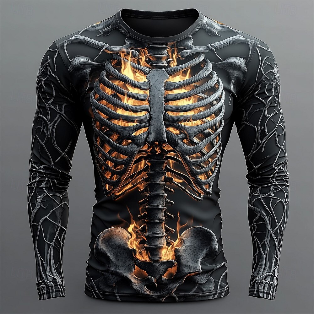 Men'S Fashion T Shirts - เสื้อยืดผู้ชายลายหัวกะโหลกเปลวไฟ 3 มิติ แขนยาว แฟชั่นลำลอง เสื้อสเวตเชิ้ต