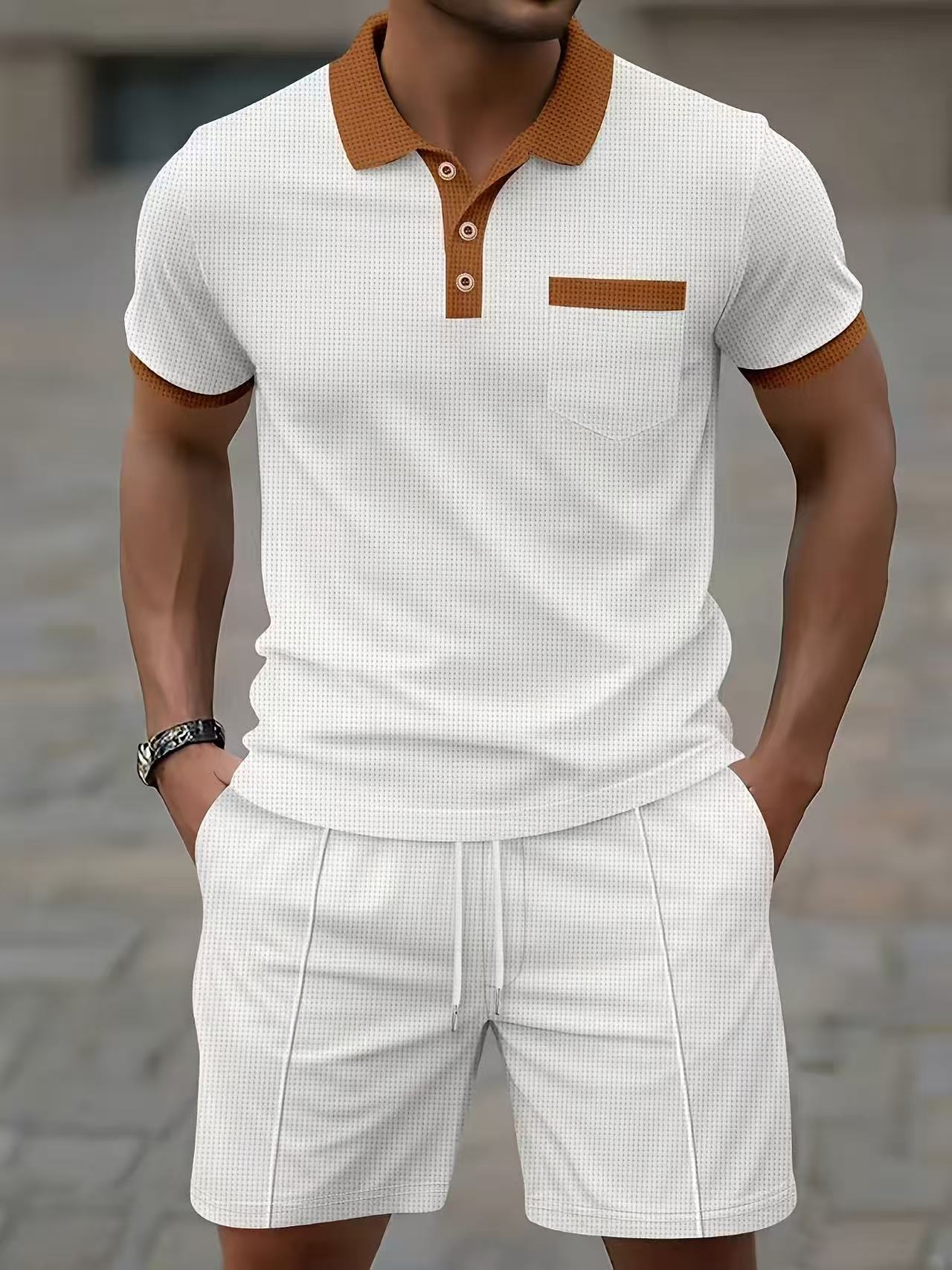 Mens Fashion Ideas - เสื้อเชิ้ตแขนสั้นผู้ชายขายดีประจำฤดูร้อน ชุดเสื้อยืดโปโลและกางเกงขาสั้น แฟชั่น ระบายอากาศได้ดี สไตล์ลำลอง สปอร์ต