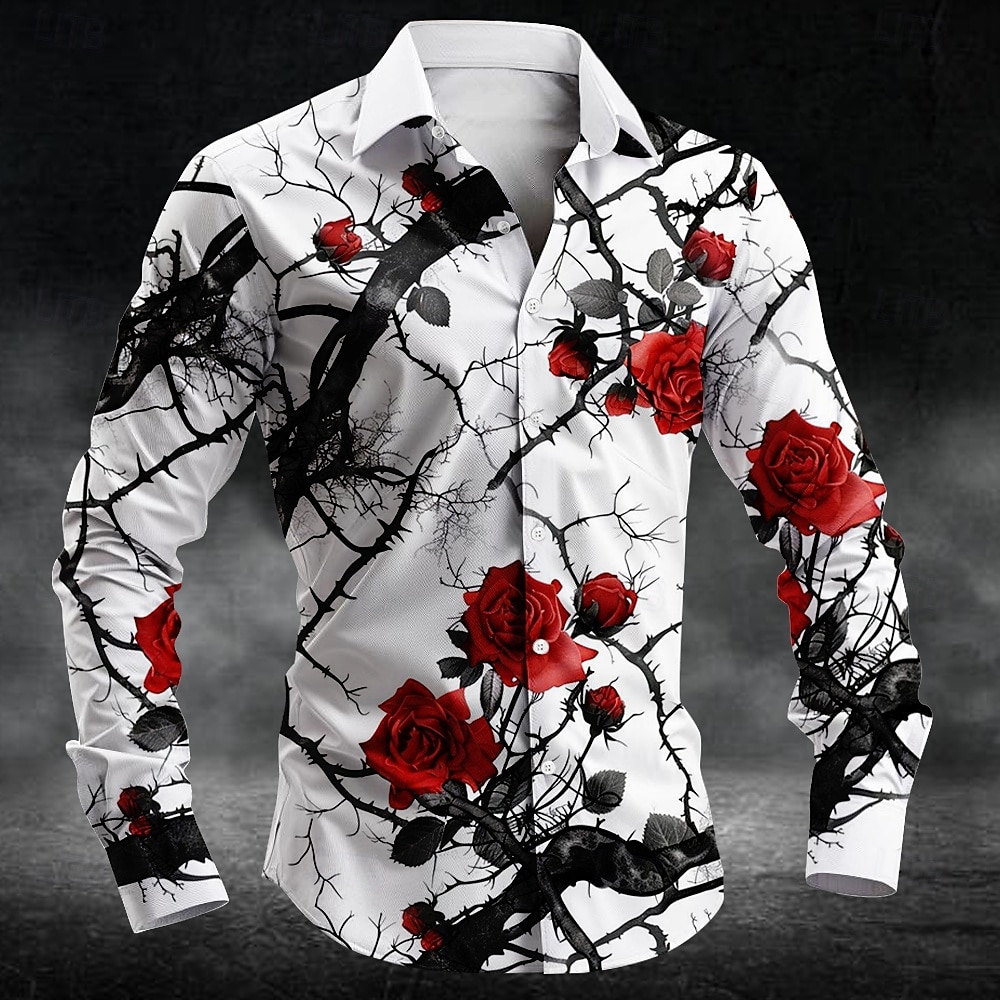 Mens Fashion Ideas - เสื้อเชิ้ตลายดอกพลัมแฟชั่น พิมพ์ลาย 3 มิติ แขนยาวสำหรับผู้ชาย เสื้อเชิ้ตศิลปะ