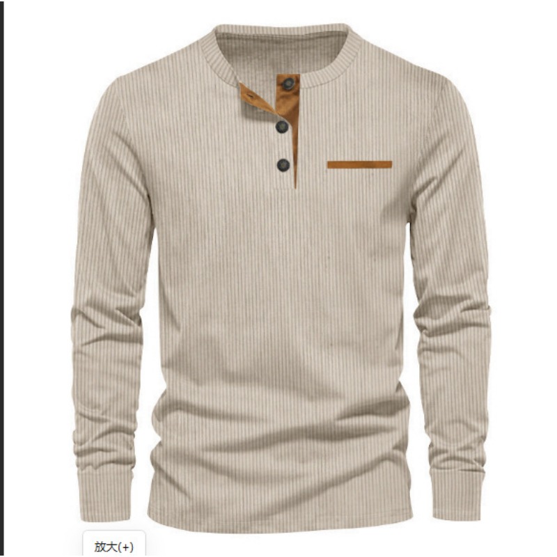 Men'S Fashion T Shirts - เสื้อยืดแขนยาวคอเฮนลีย์ผ้าลูกฟูกสำหรับผู้ชาย แฟชั่นทรงเข้ารูปลำลอง ติดกระดุม เหมาะสำหรับใส่ในชีวิตประจำวัน