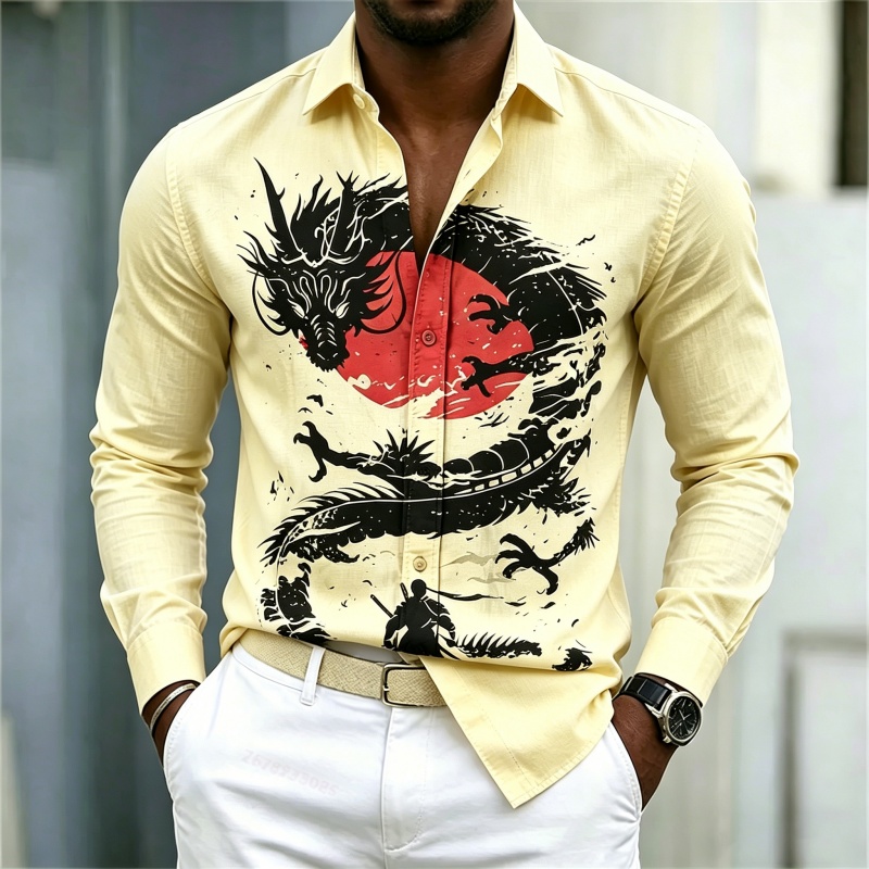 เสื้อเชิ้ตผู้ชายลายมังกรสีขาวด - Mens Fashion Style บทวิจารณ์และราคา